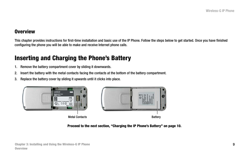 Overview, Inserting and charging the phone’s battery | Cisco WIP300 User Manual | Page 18 / 90