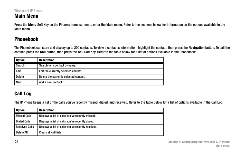 Main menu, Phonebook, Call log | Cisco WIP300 User Manual | Page 33 / 90