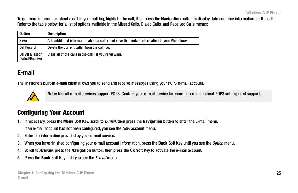 E-mail, Configuring your account | Cisco WIP300 User Manual | Page 34 / 90