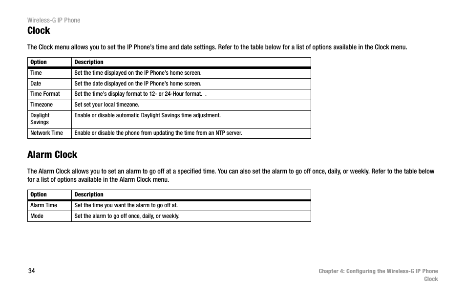 Clock, Alarm clock | Cisco WIP300 User Manual | Page 43 / 90