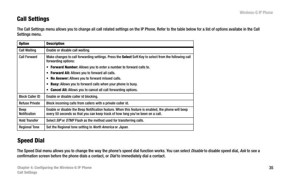 Call settings, Cspeed dial, Speed dial | Cisco WIP300 User Manual | Page 44 / 90
