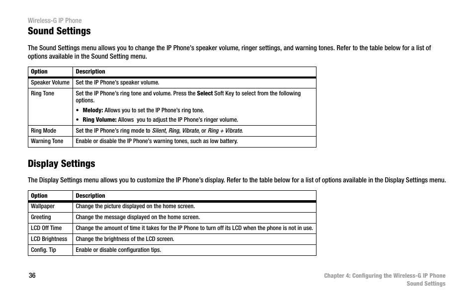 Sound settings, Display settings | Cisco WIP300 User Manual | Page 45 / 90