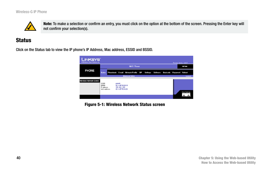 Figure 5-1: wireless network status screen, Status | Cisco WIP300 User Manual | Page 49 / 90