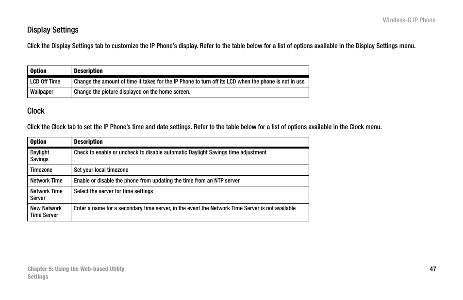 Display settings, Clock | Cisco WIP300 User Manual | Page 56 / 90