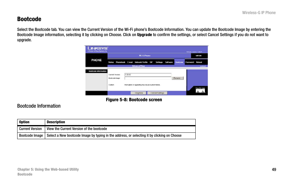 Bootcode, Figure 5-8: bootcode screen | Cisco WIP300 User Manual | Page 58 / 90