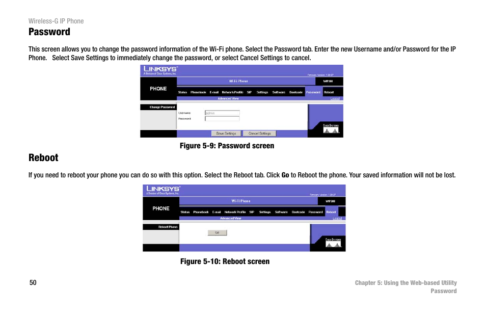 Password, Reboot, Figure 5-9: password screen | Figure 5-10: reboot screen | Cisco WIP300 User Manual | Page 59 / 90