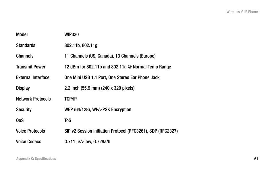 Appendix c: specifications | Cisco WIP300 User Manual | Page 70 / 90