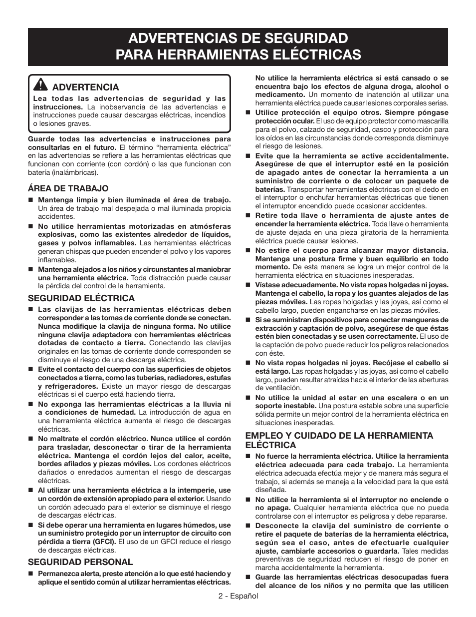 Advertencia | Ryobi HPL51 User Manual | Page 20 / 32