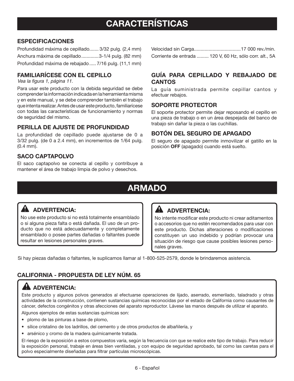 Características, Armado | Ryobi HPL51 User Manual | Page 24 / 32