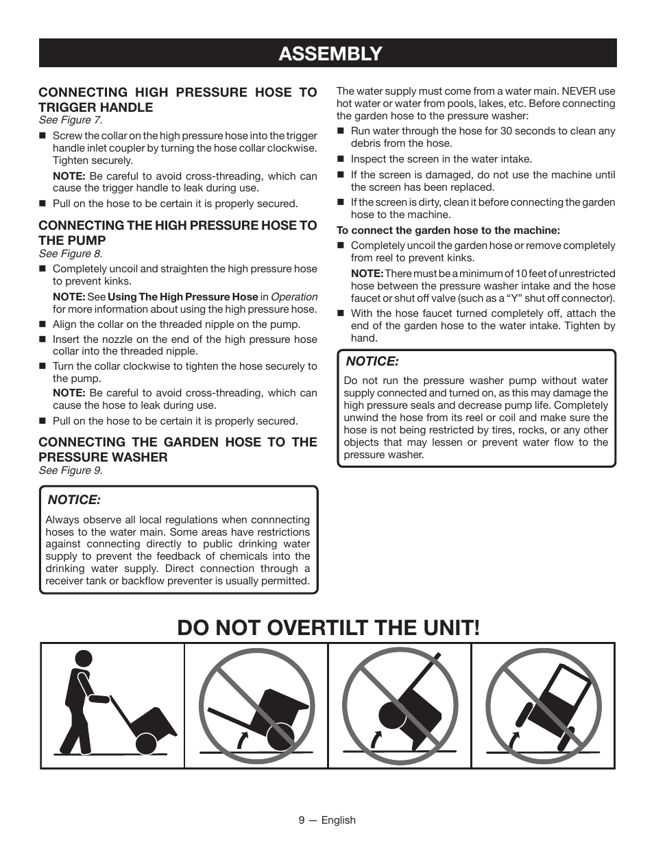 Do not overtilt the unit, Assembly | Ryobi RY80940 User Manual | Page 13 / 56