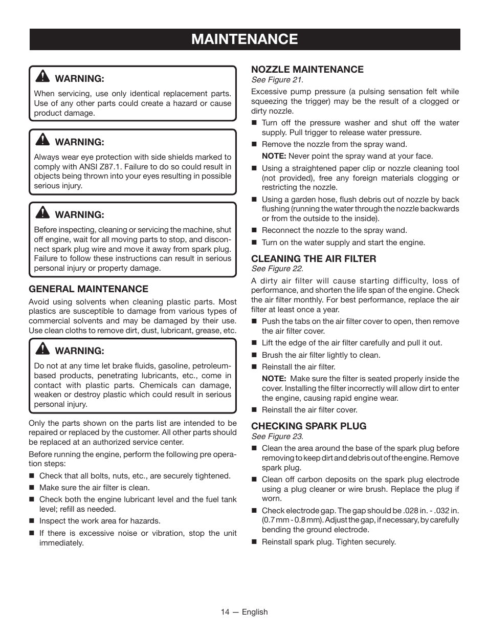 Maintenance | Ryobi RY80940 User Manual | Page 18 / 56