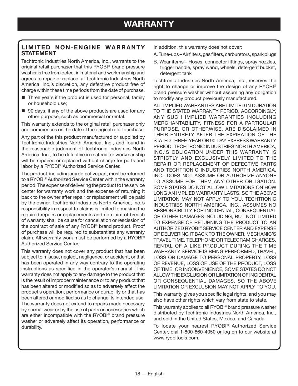 Warranty | Ryobi RY80940 User Manual | Page 22 / 56