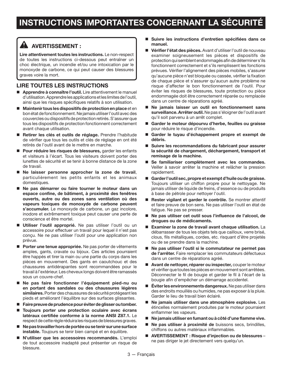 Instructions importantes concernant la sécurité, Avertissement, Lire toutes les instructions | Ryobi RY80940 User Manual | Page 23 / 56