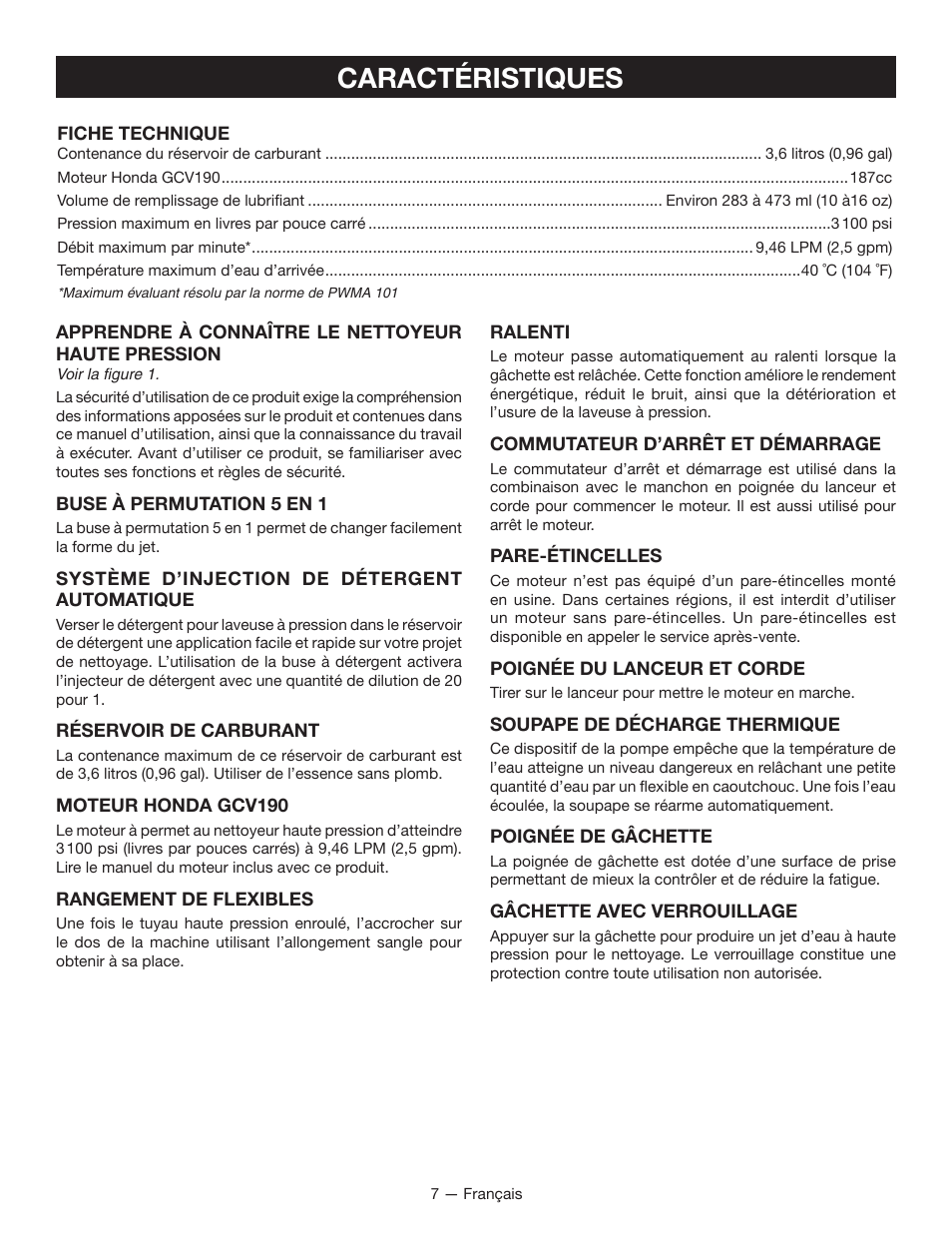 Caractéristiques | Ryobi RY80940 User Manual | Page 27 / 56
