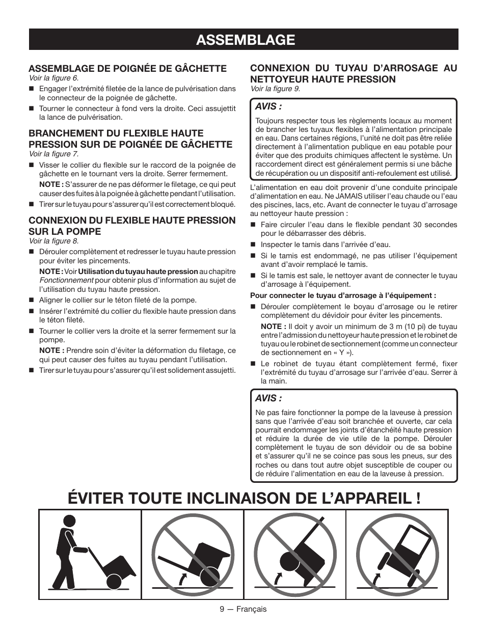 Éviter toute inclinaison de l’appareil, Assemblage | Ryobi RY80940 User Manual | Page 29 / 56