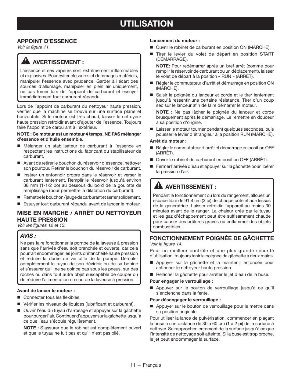 Utilisation, Appoint d’essence, Avertissement | Mise en marche / arrêt du nettoyeur haute pression, Avis, Fonctionnement poignée de gâchette | Ryobi RY80940 User Manual | Page 31 / 56