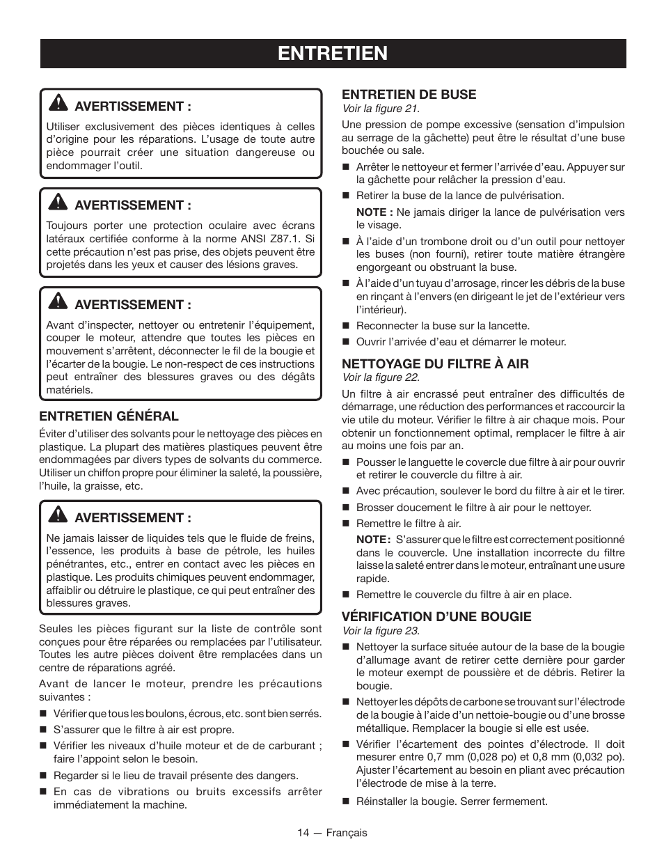 Entretien | Ryobi RY80940 User Manual | Page 34 / 56