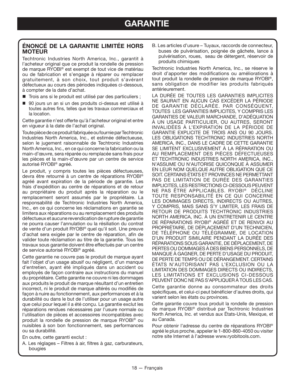 Garantie | Ryobi RY80940 User Manual | Page 38 / 56