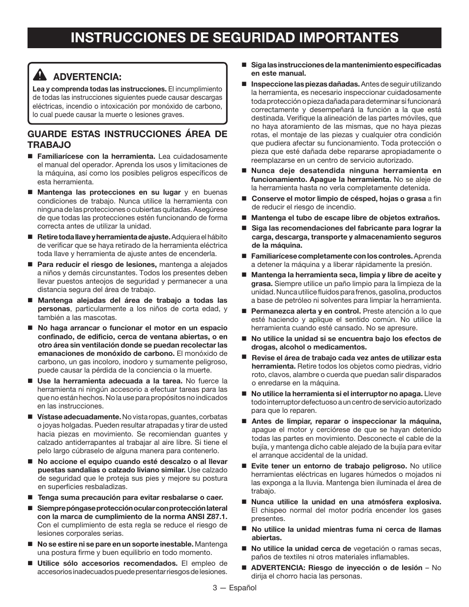 Instrucciones de seguridad importantes, Advertencia, Guarde estas instrucciones área de trabajo | Ryobi RY80940 User Manual | Page 39 / 56