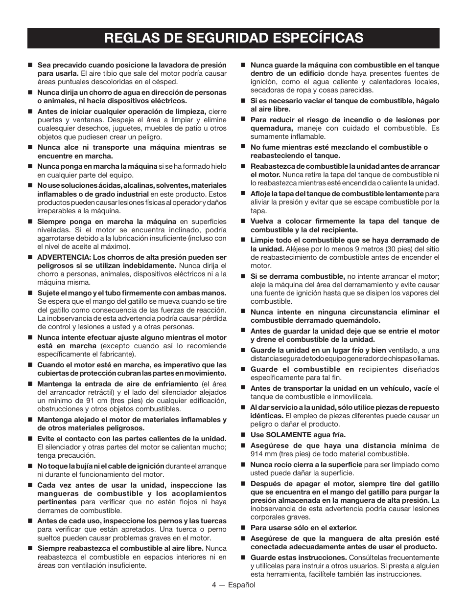 Reglas de seguridad específicas | Ryobi RY80940 User Manual | Page 40 / 56