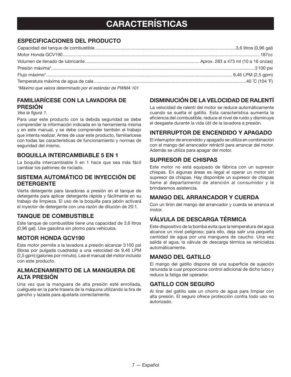 Características | Ryobi RY80940 User Manual | Page 43 / 56