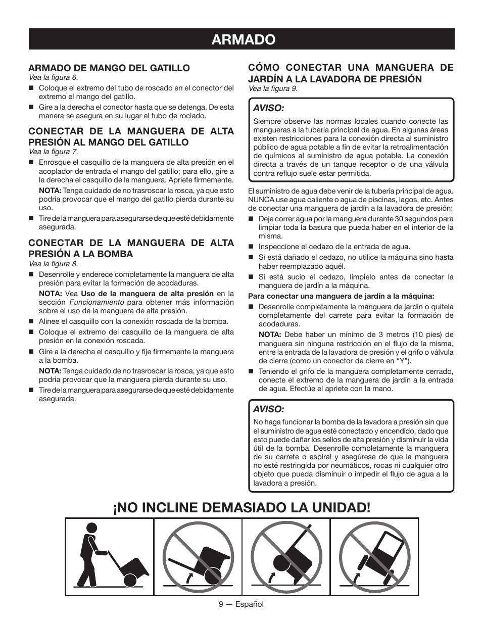 Armado, No incline demasiado la unidad | Ryobi RY80940 User Manual | Page 45 / 56