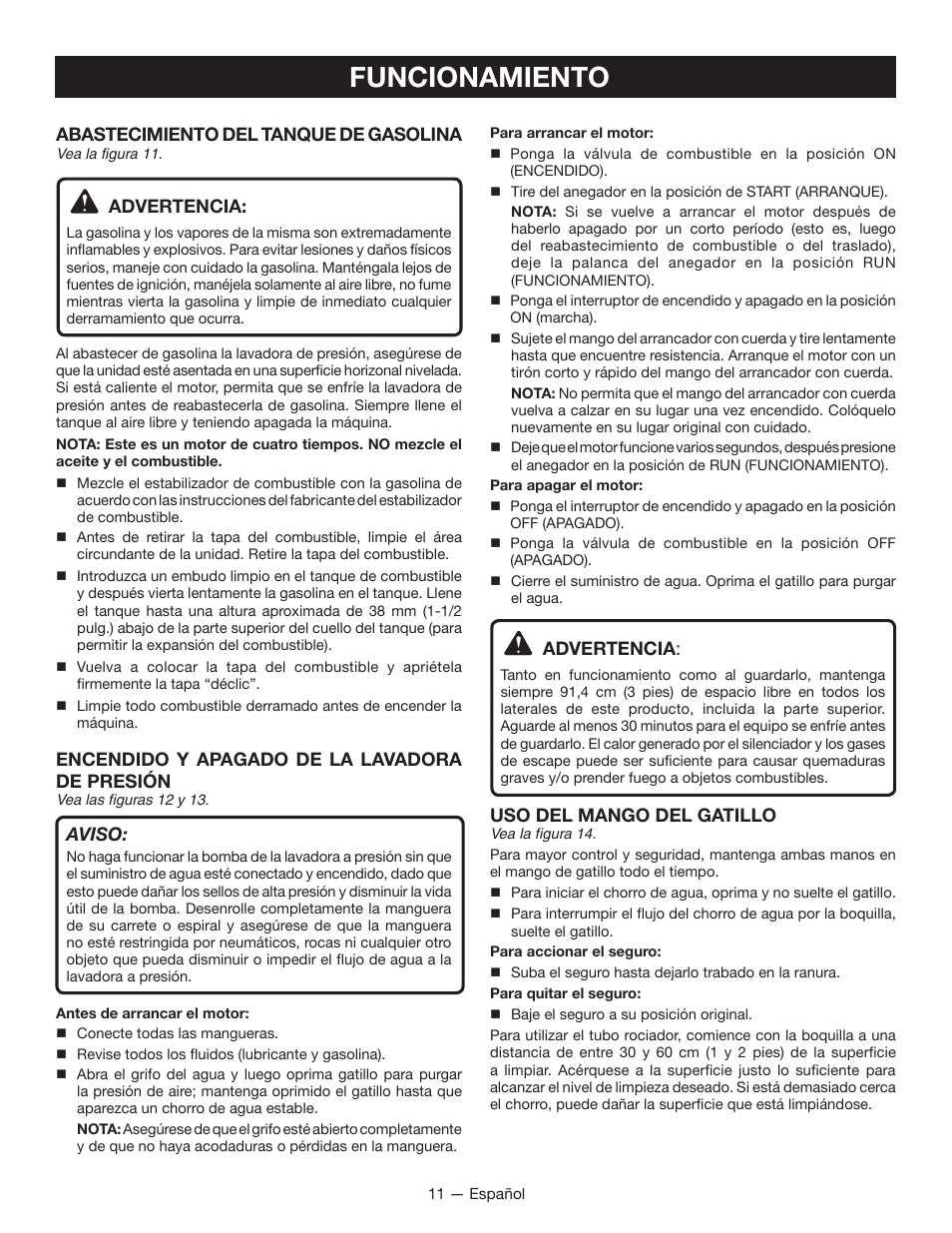 Funcionamiento, Abastecimiento del tanque de gasolina, Advertencia | Encendido y apagado de la lavadora de presión, Aviso, Uso del mango del gatillo | Ryobi RY80940 User Manual | Page 47 / 56