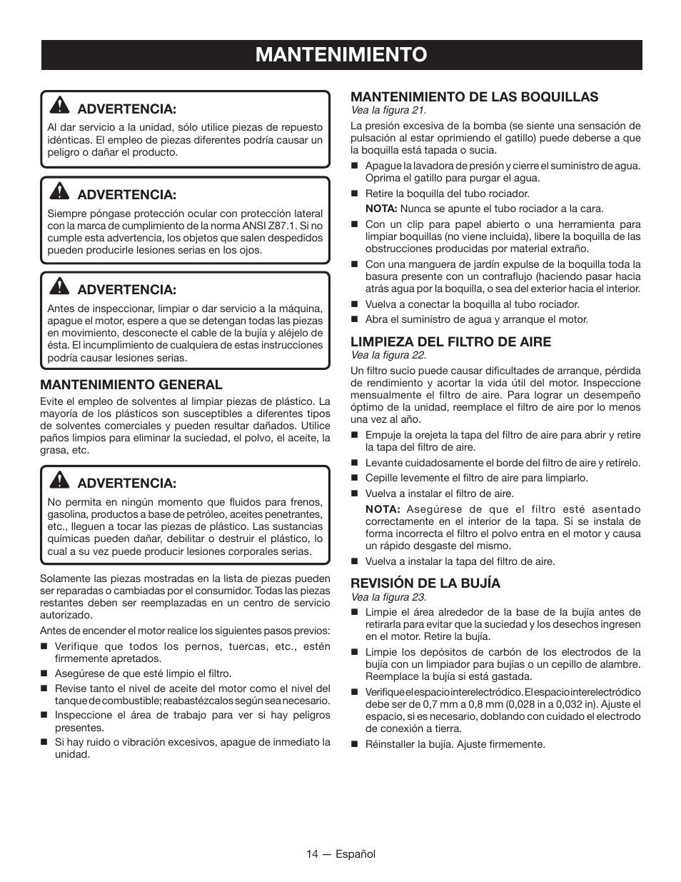 Mantenimiento, Advertencia, Mantenimiento general | Mantenimiento de las boquillas, Limpieza del filtro de aire, Revisión de la bujía | Ryobi RY80940 User Manual | Page 50 / 56