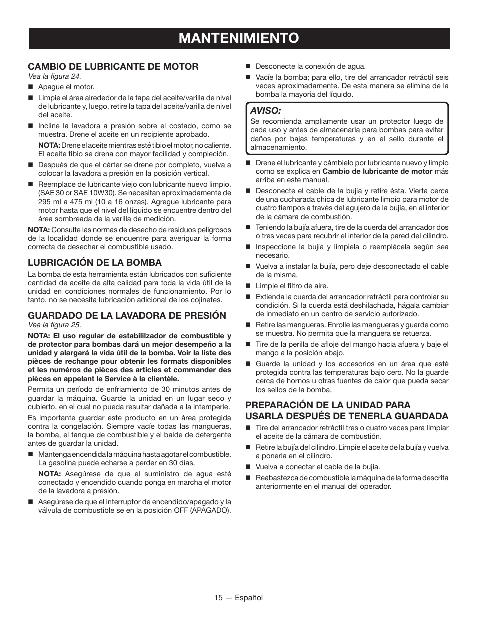 Mantenimiento, Cambio de lubricante de motor, Lubricación de la bomba | Guardado de la lavadora de presión, Aviso | Ryobi RY80940 User Manual | Page 51 / 56