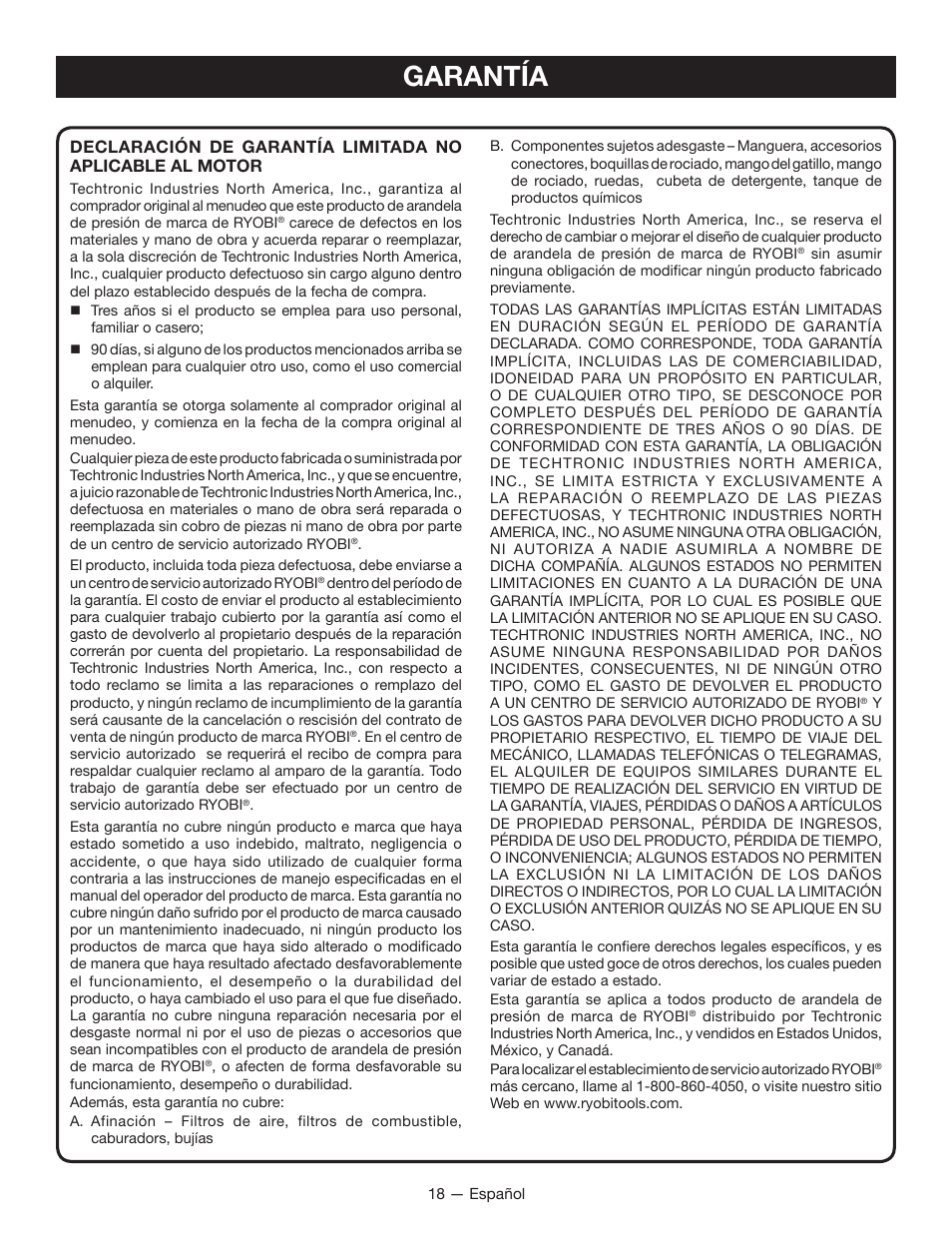 Garantía | Ryobi RY80940 User Manual | Page 54 / 56
