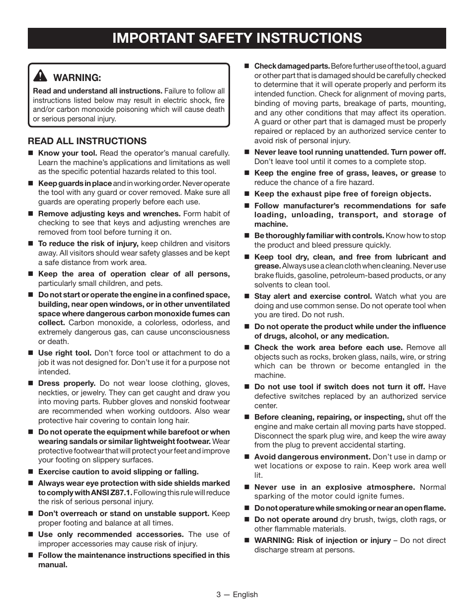 Important safety instructions, Warning | Ryobi RY80940 User Manual | Page 7 / 56