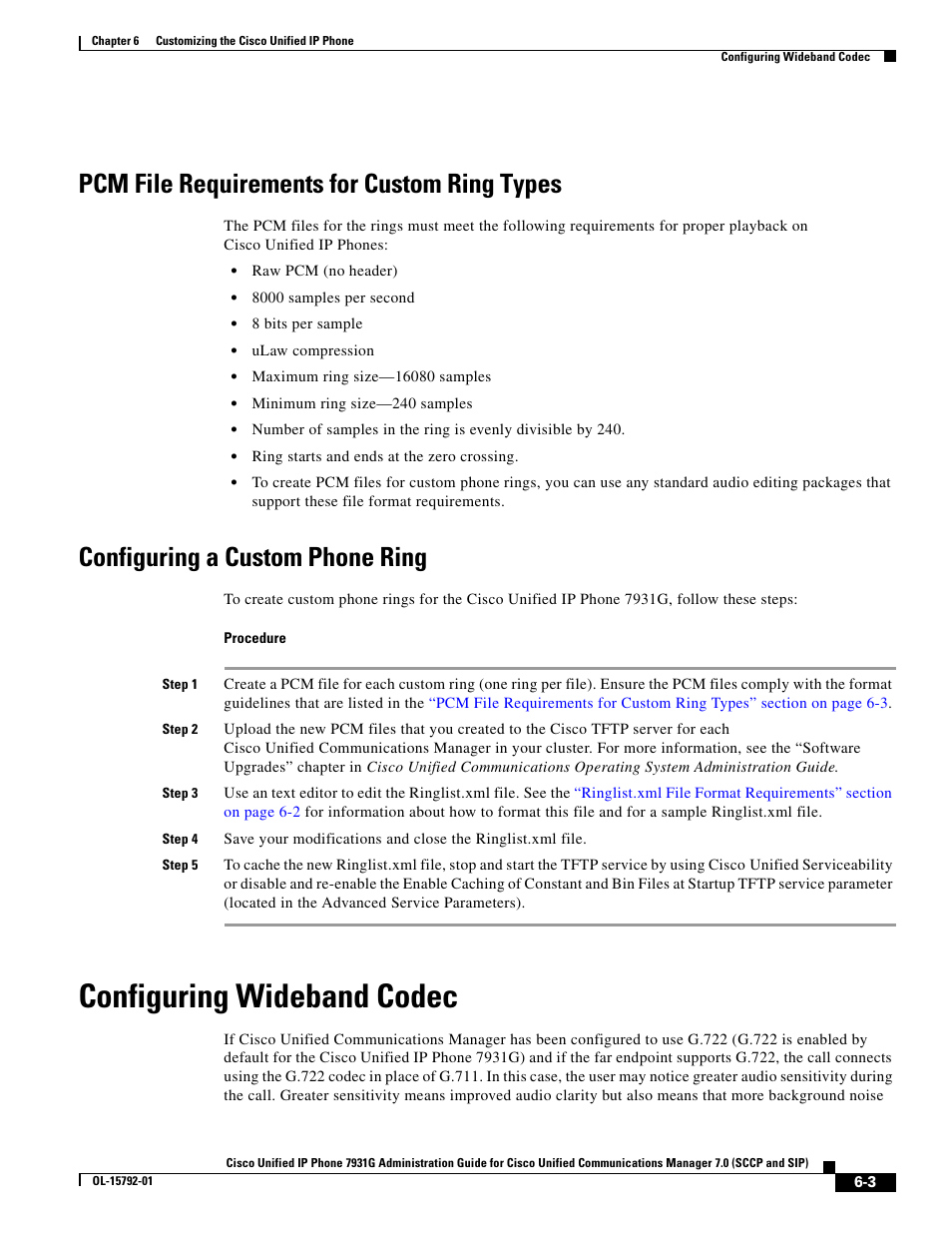 Pcm file requirements for custom ring types, Configuring a custom phone ring, Configuring wideband codec | Cisco OL-15792-01 User Manual | Page 3 / 6