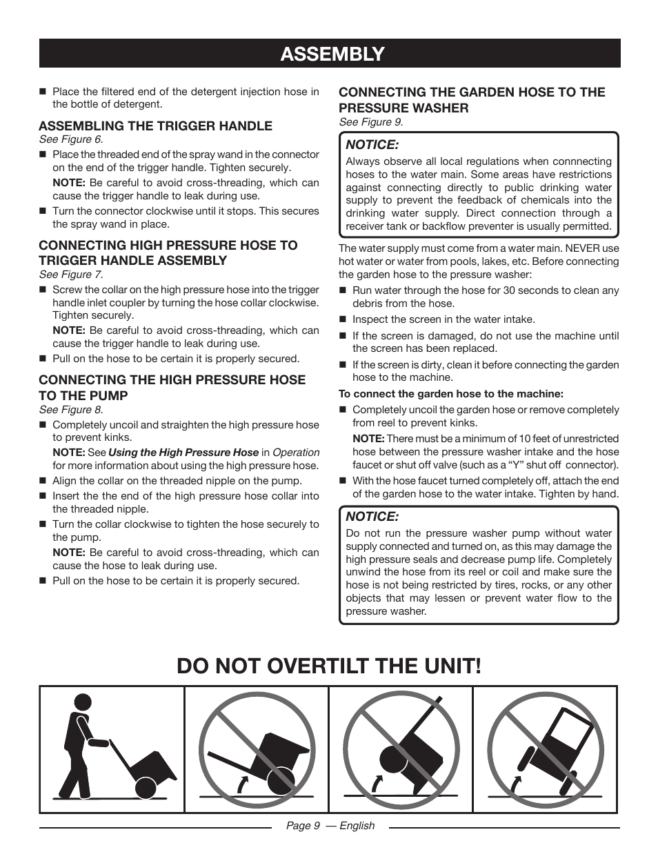 Do not overtilt the unit, Assembly | Ryobi RY80518 User Manual | Page 13 / 64