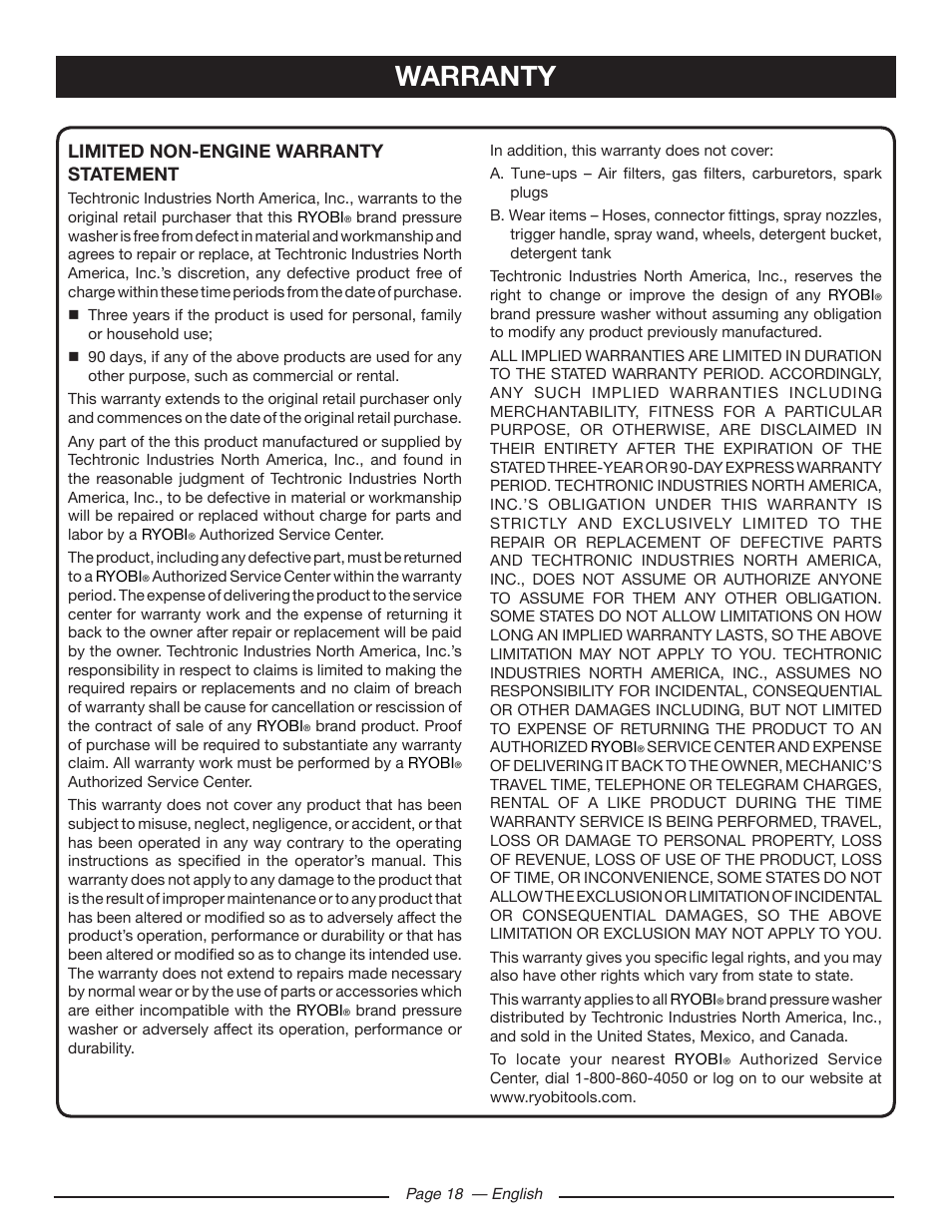 Warranty, Limited non-engine warranty statement | Ryobi RY80518 User Manual | Page 22 / 64