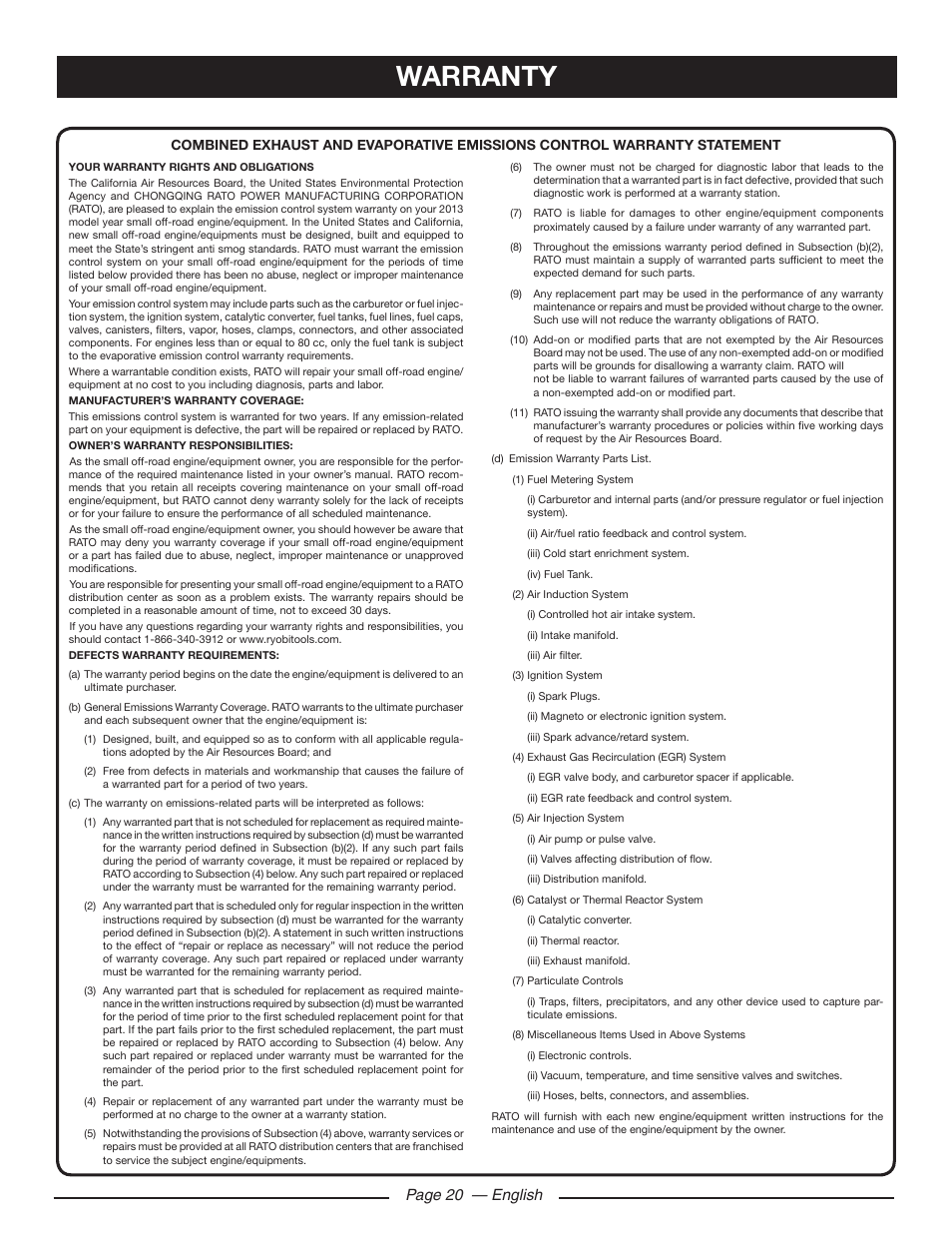 Warranty, Page 20 — english | Ryobi RY80518 User Manual | Page 24 / 64