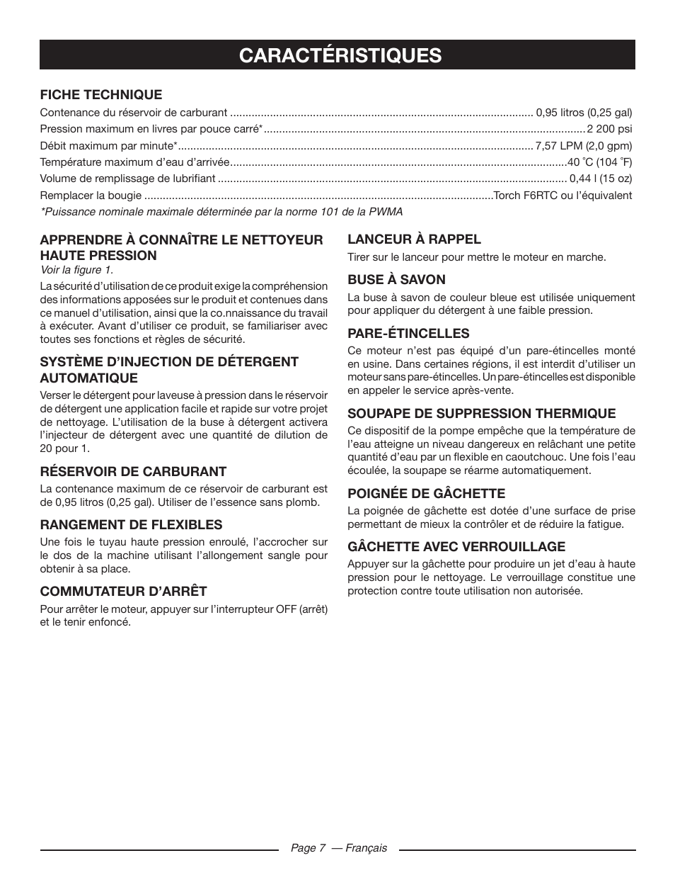 Caractéristiques | Ryobi RY80518 User Manual | Page 30 / 64