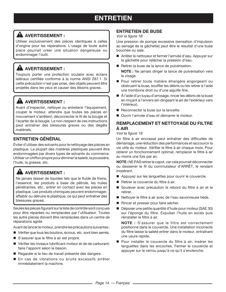 Entretien | Ryobi RY80518 User Manual | Page 37 / 64