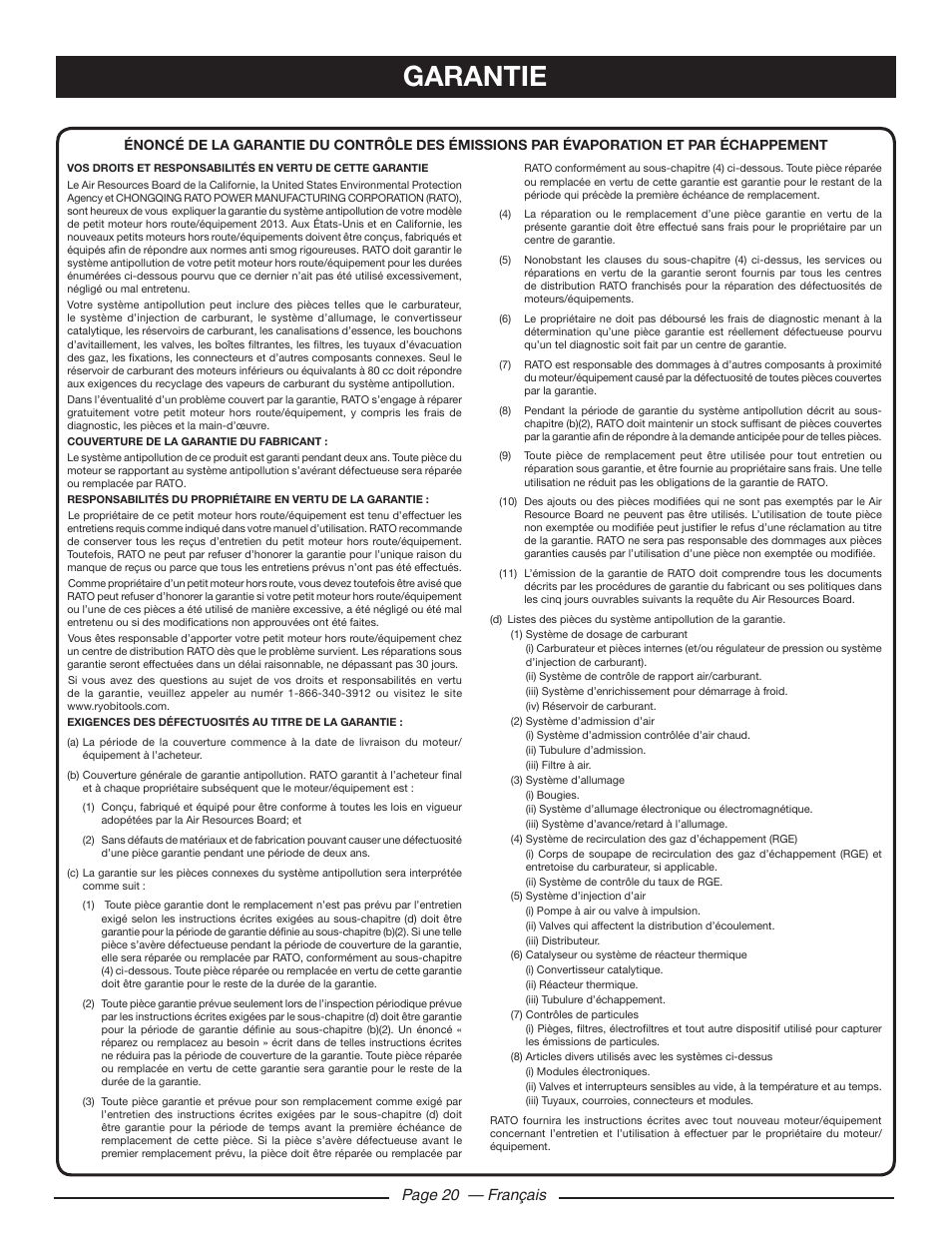 Garantie, Page 20 — français | Ryobi RY80518 User Manual | Page 43 / 64