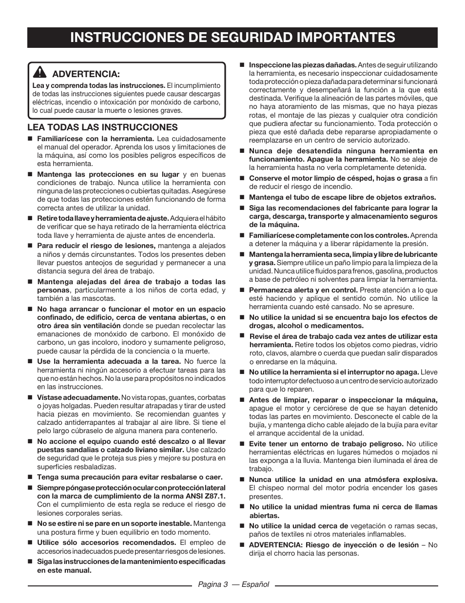 Instrucciones de seguridad importantes, Advertencia, Lea todas las instrucciones | Ryobi RY80518 User Manual | Page 45 / 64