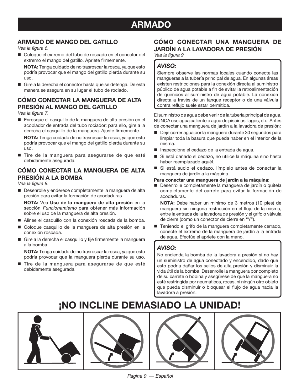 No incline demasiado la unidad, Armado | Ryobi RY80518 User Manual | Page 51 / 64