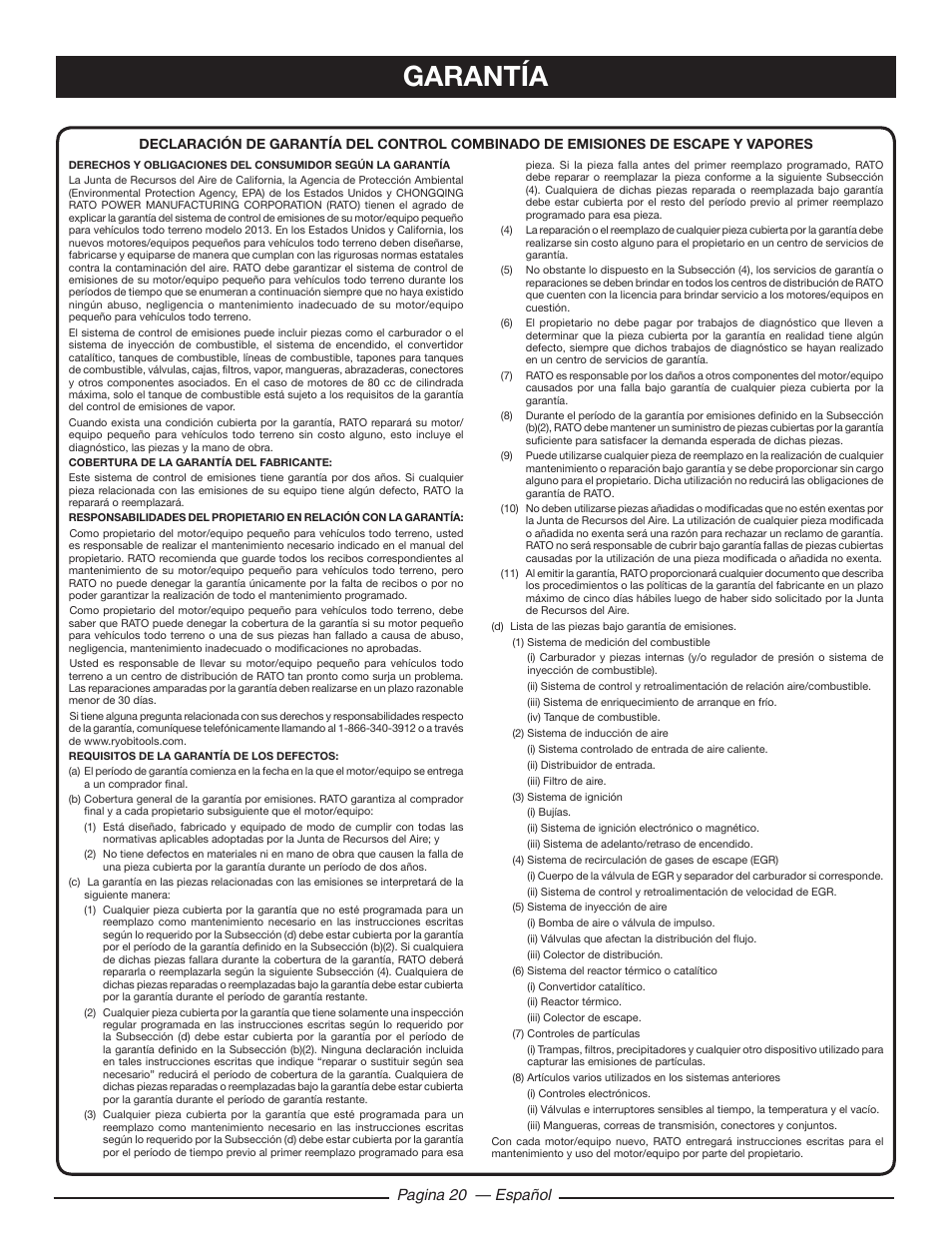 Garantía, Pagina 20 — español | Ryobi RY80518 User Manual | Page 62 / 64