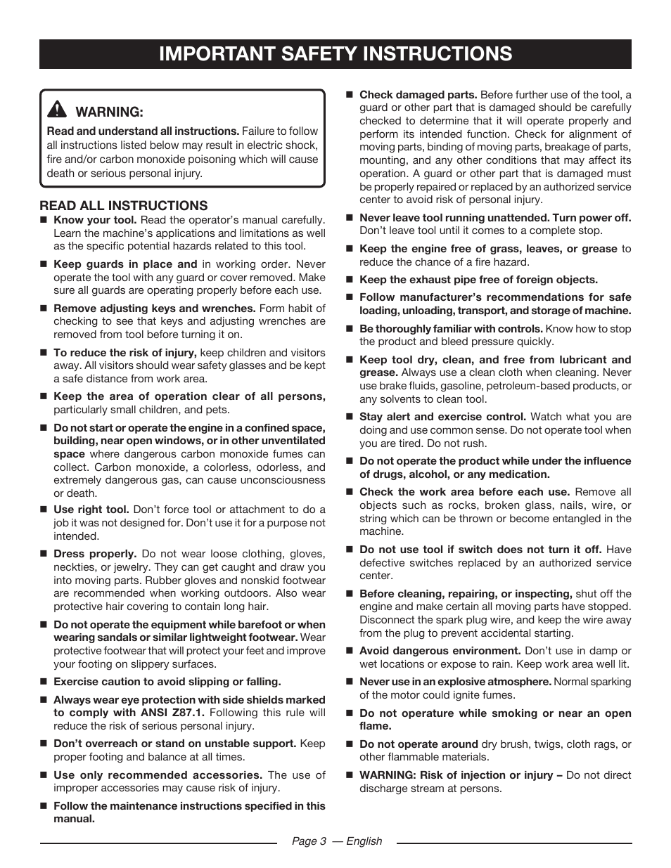 Important safety instructions, Warning | Ryobi RY80518 User Manual | Page 7 / 64