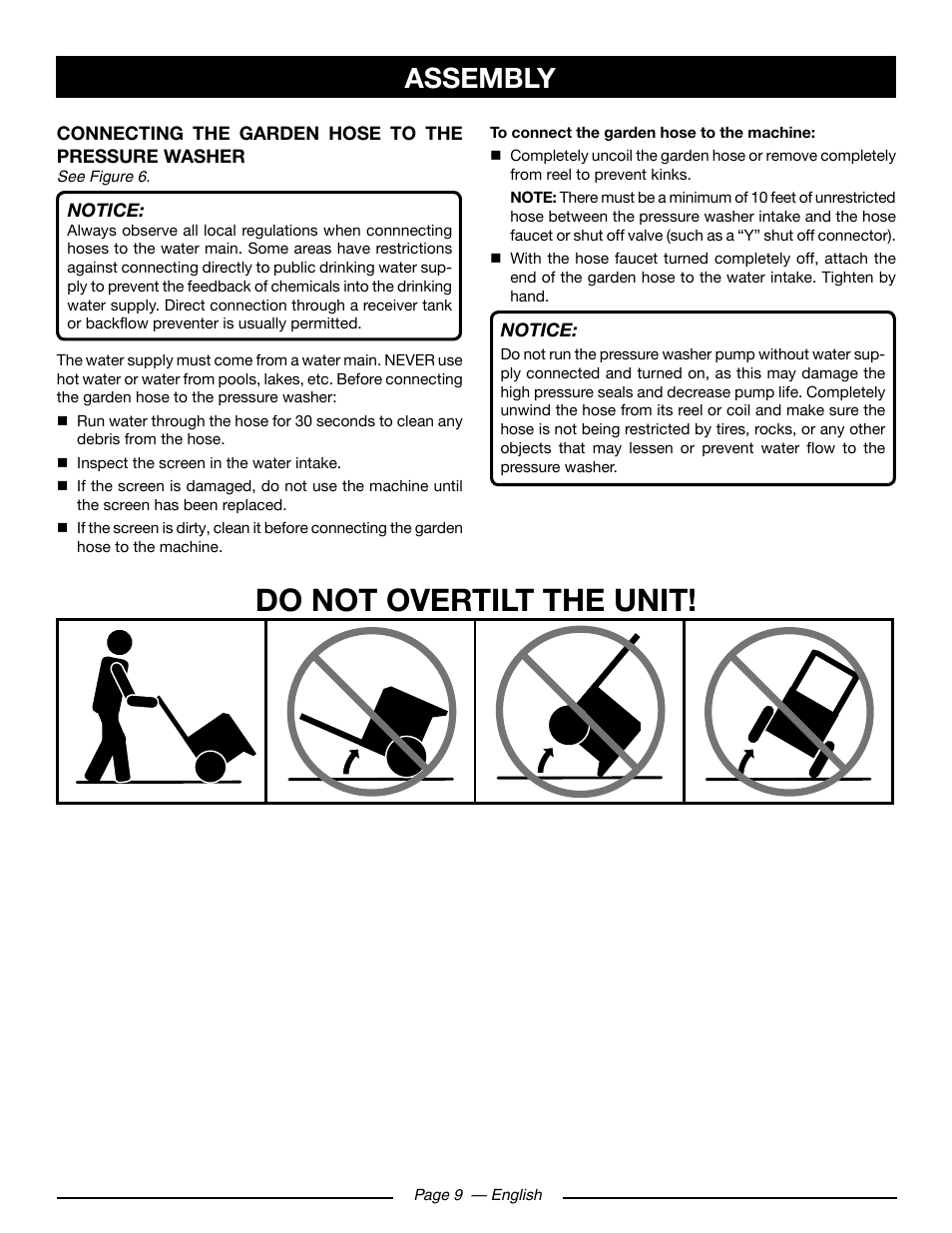 Do not overtilt the unit, Assembly | Ryobi RY80930 User Manual | Page 13 / 52
