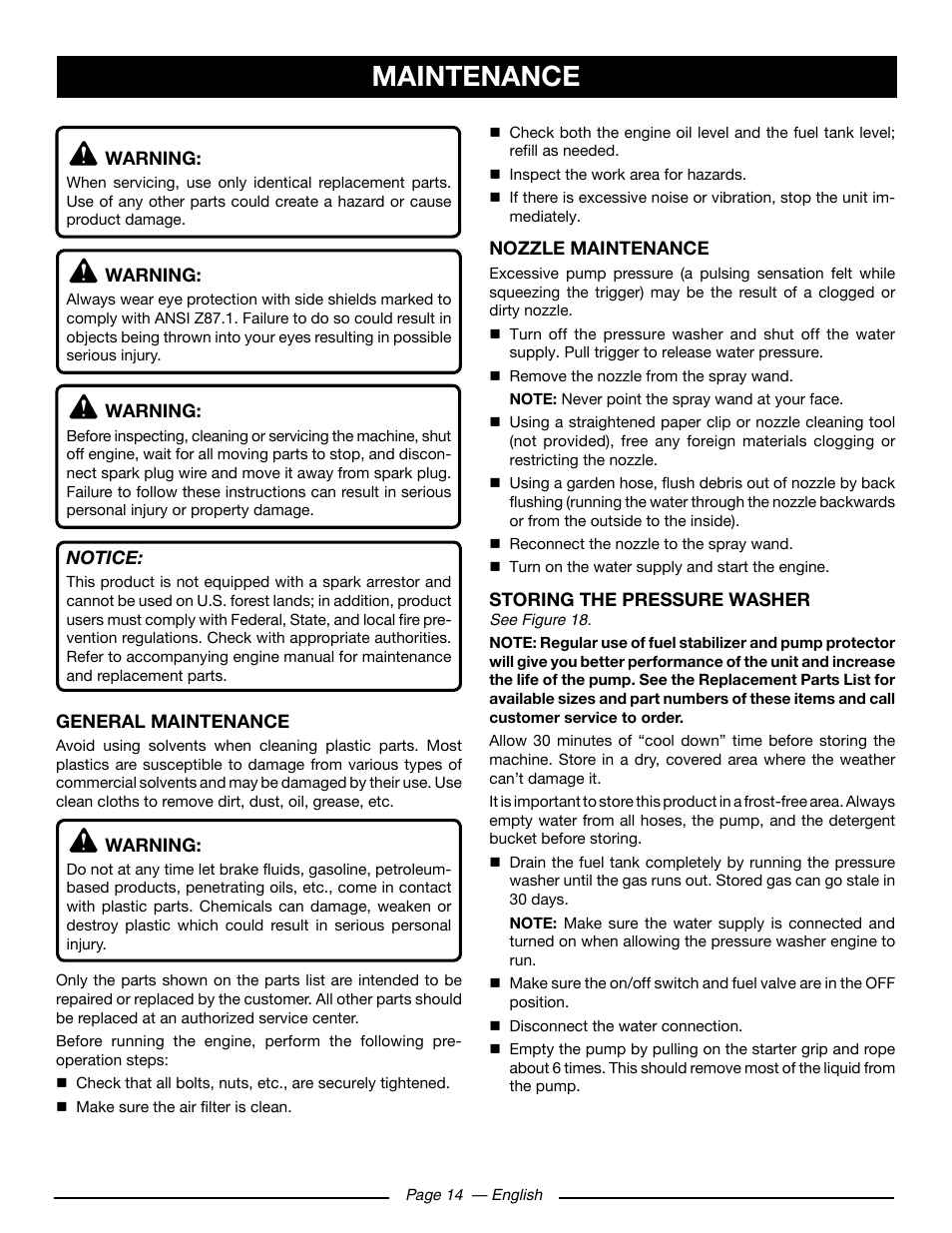 Maintenance | Ryobi RY80930 User Manual | Page 18 / 52