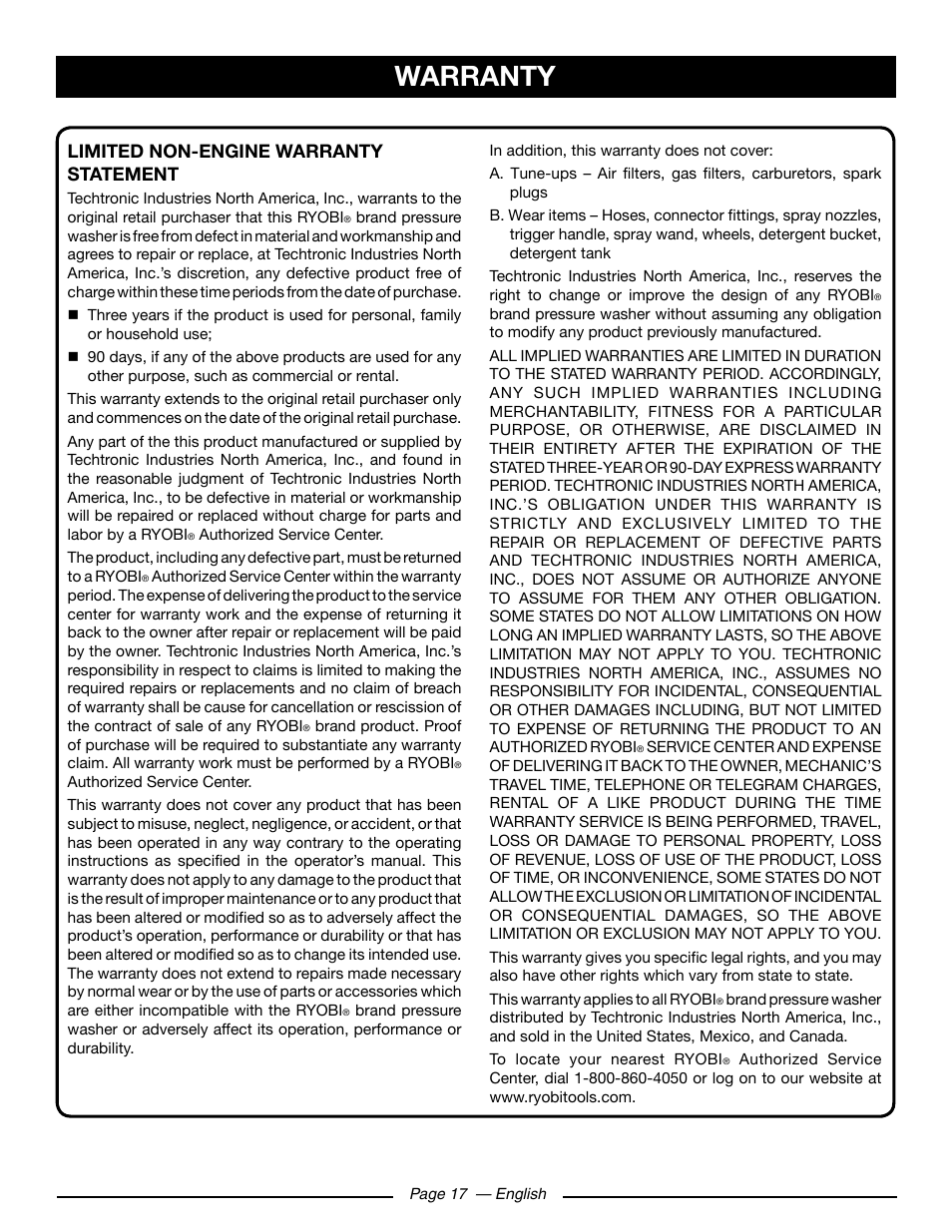 Warranty, Limited non-engine warranty statement | Ryobi RY80930 User Manual | Page 21 / 52
