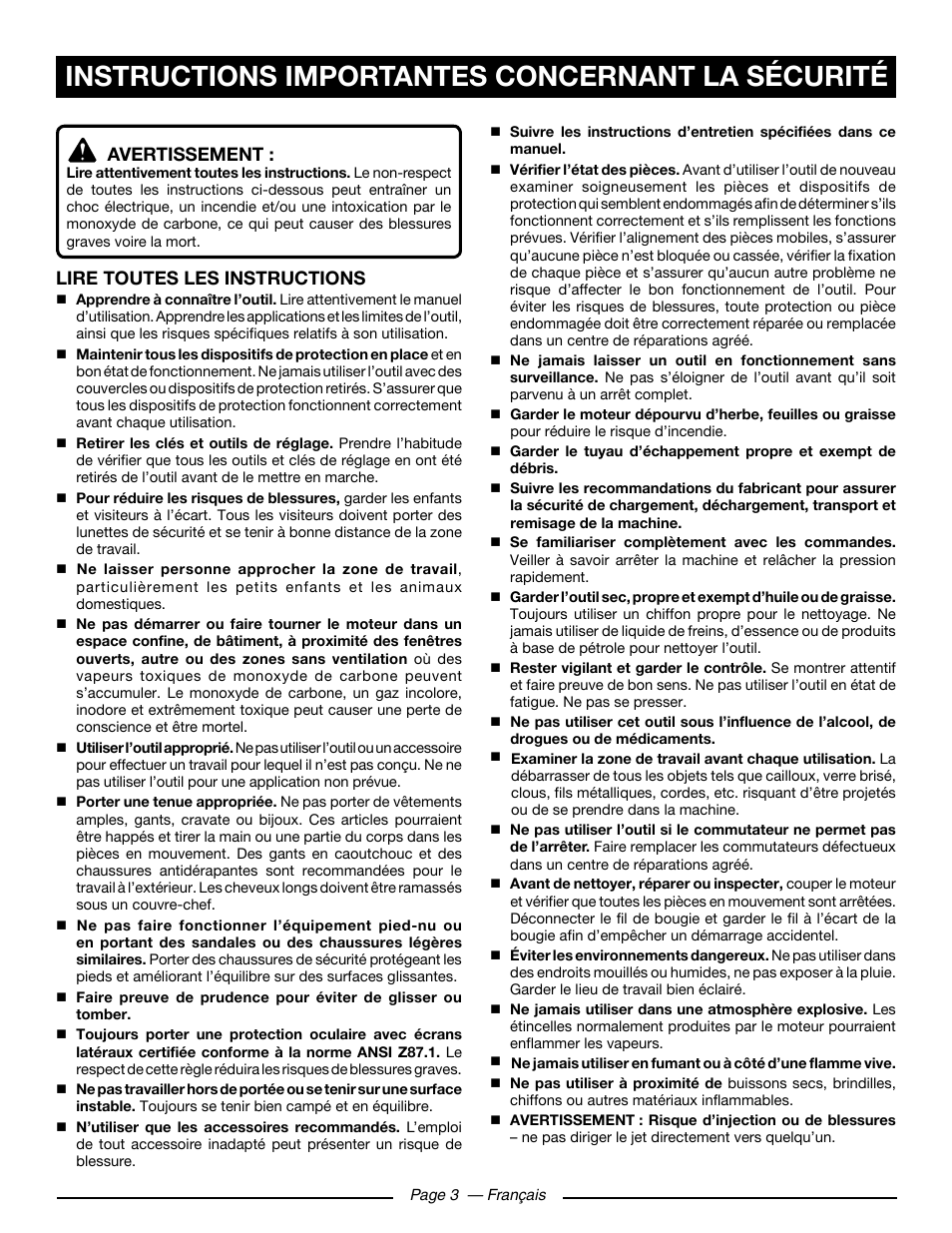 Instructions importantes concernant la sécurité, Avertissement, Lire toutes les instructions | Ryobi RY80930 User Manual | Page 22 / 52