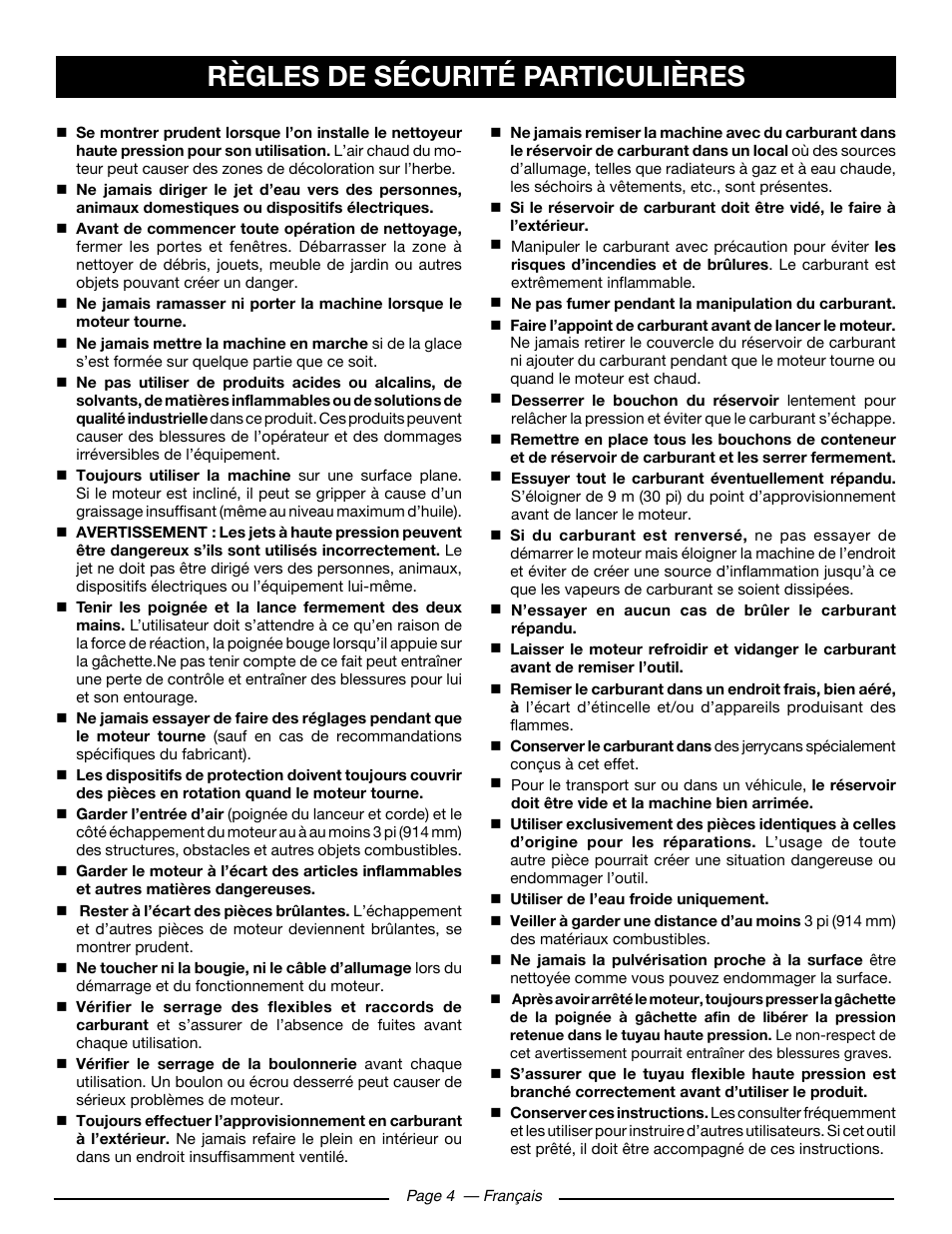 Règles de sécurité particulières | Ryobi RY80930 User Manual | Page 23 / 52