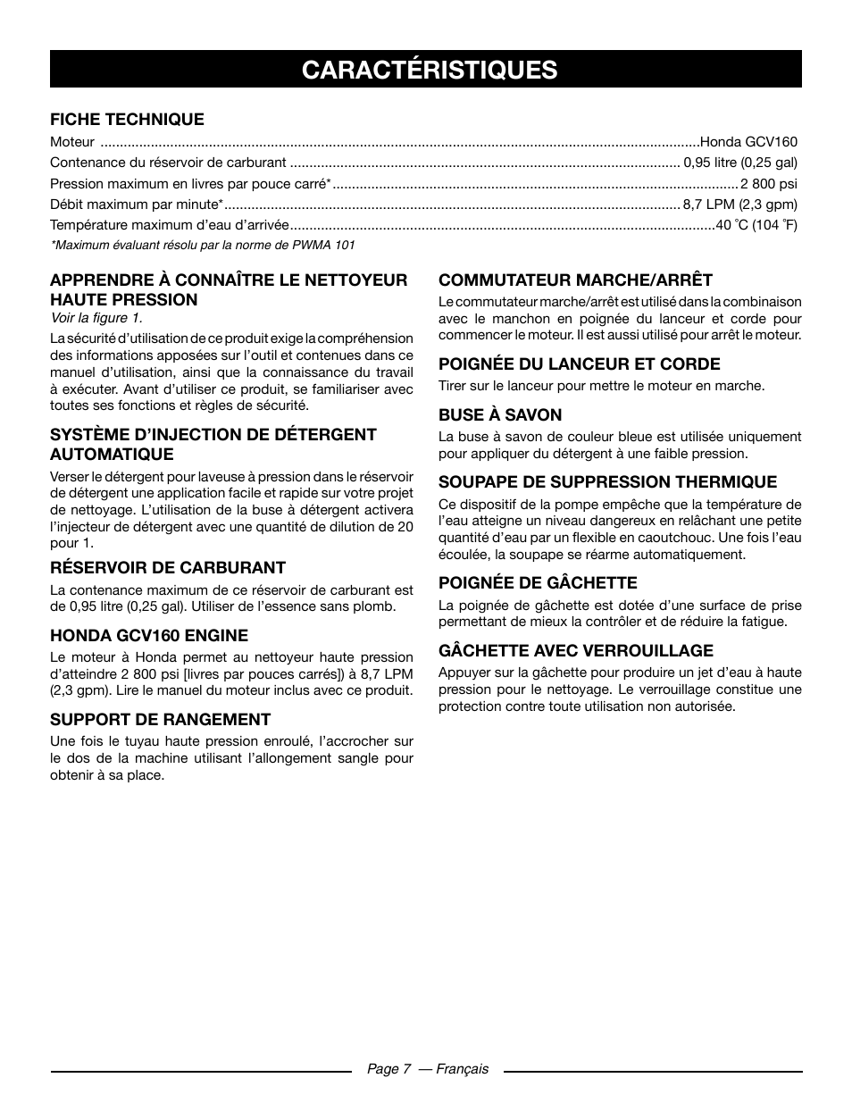 Caractéristiques | Ryobi RY80930 User Manual | Page 26 / 52