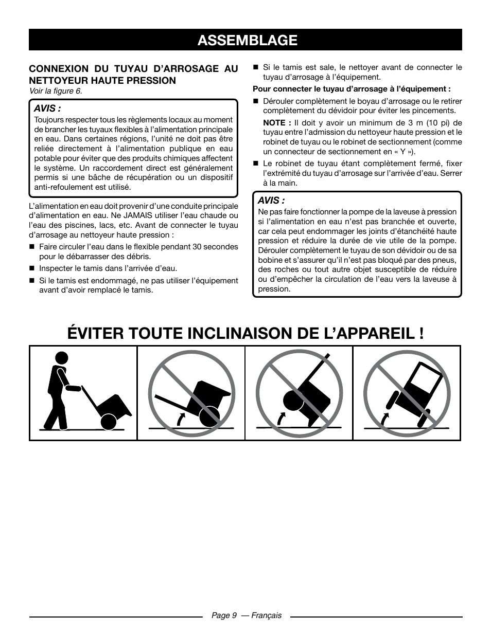 Éviter toute inclinaison de l’appareil, Assemblage | Ryobi RY80930 User Manual | Page 28 / 52