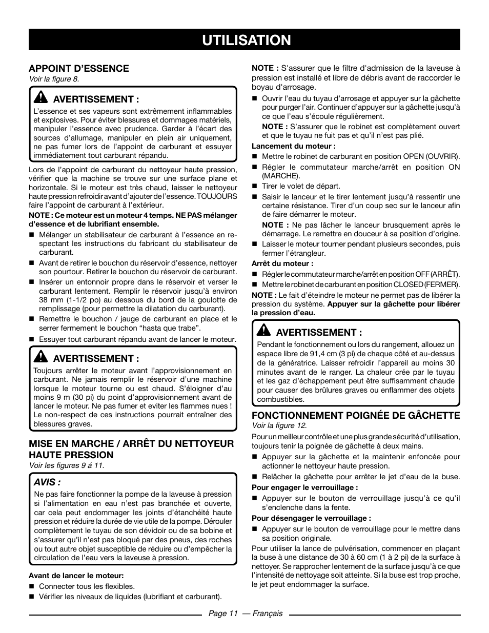 Utilisation, Appoint d’essence, Avertissement | Mise en marche / arrêt du nettoyeur haute pression, Avis, Fonctionnement poignée de gâchette | Ryobi RY80930 User Manual | Page 30 / 52